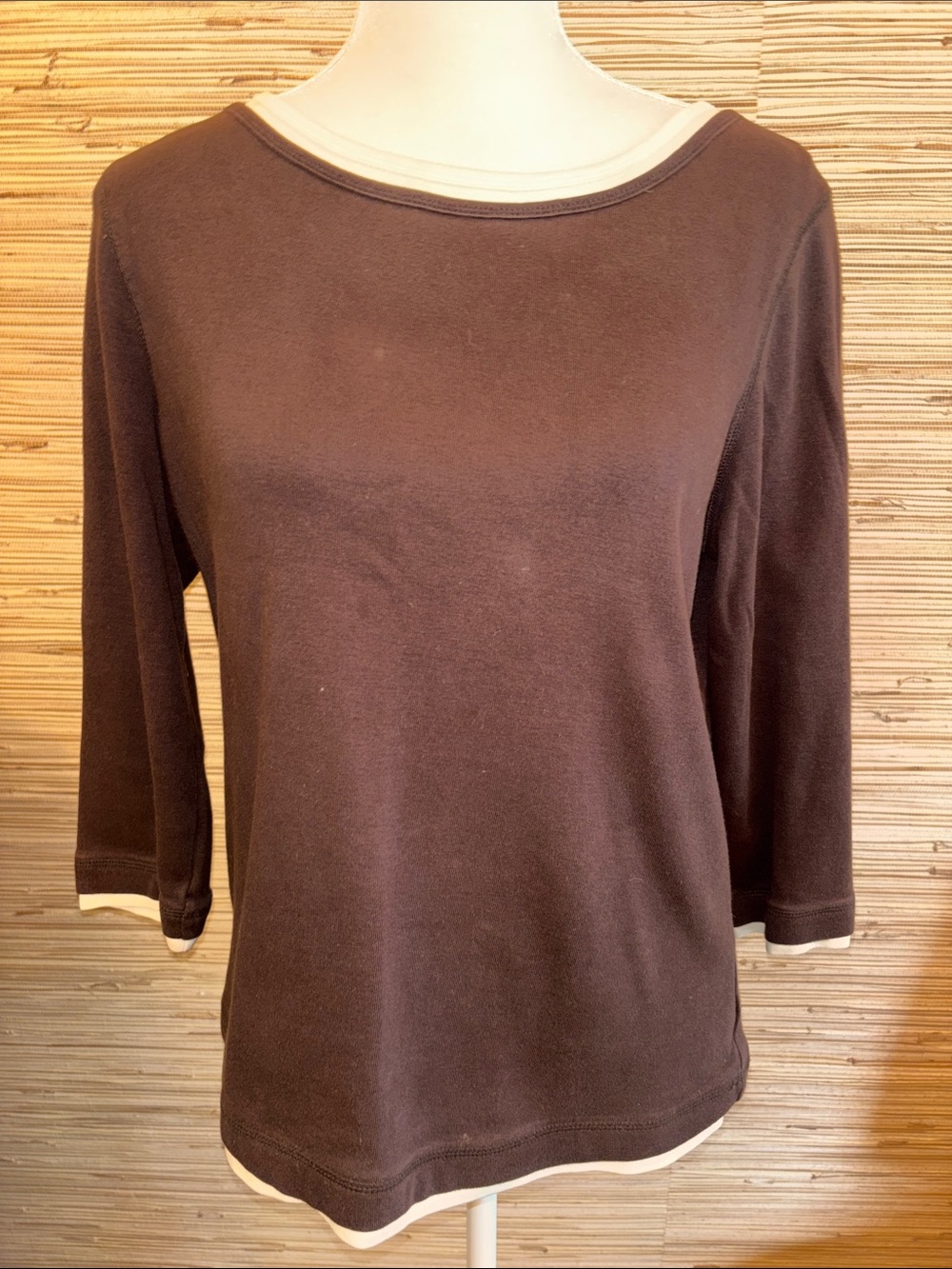 Jones New York  Large 100% cotton Brown Layered-Look Boatneck 3/4 sleeve Top EUC